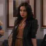 Val’s brown wide leg jumpsuit and leather blazer on How I Met Your Father