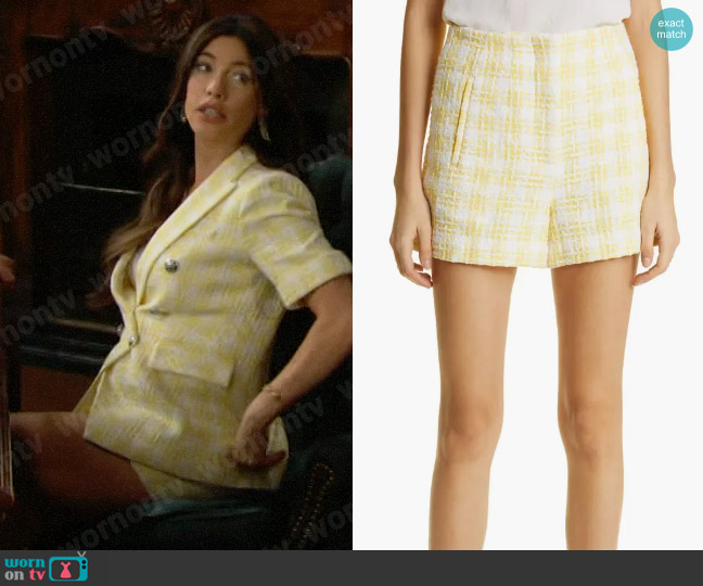 Veronica Beard Jazmin Shorts in Pale Yellow worn by Steffy Forrester (Jacqueline MacInnes Wood) on The Bold and the Beautiful