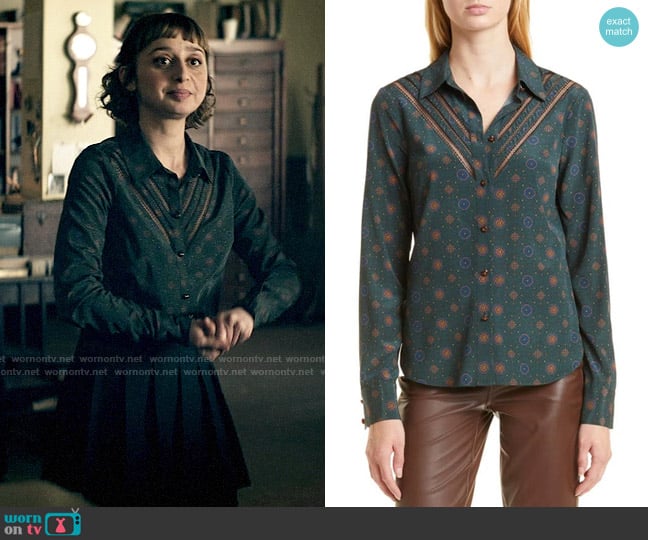 Veronica Beard Rowena Blouse in Emerald worn by Chrissy Beppo (Sofia Hasmik) on Superman and Lois