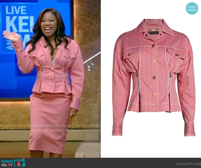 Versace Houndstooth Peplum Jacket worn by Dominique Fishback on Live with Kelly and Mark