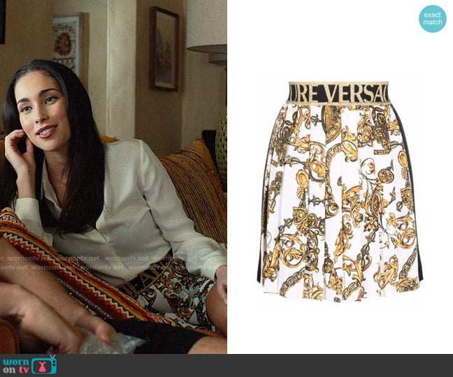 Versace Barocco-print pleated skirt worn by Ruby Gale (Priscilla Quintana) on Based on a True Story