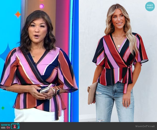 Vici Collection Franny Striped Peplum Wrap Blouse worn by Juju Chang on Good Morning America