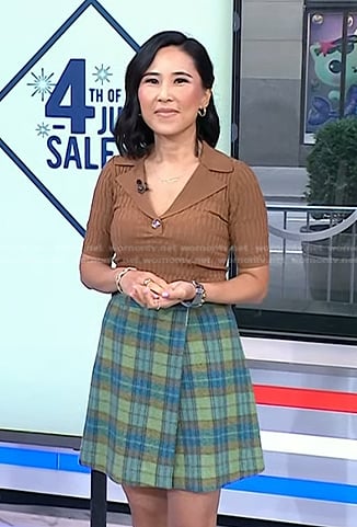 Vicky’s brown ribbed polo top and plaid skirt on Today