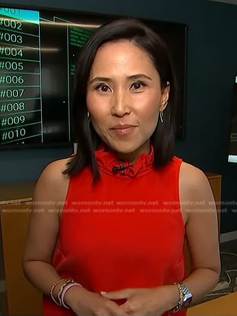 Vicky’s red ruffle neck sleeveless top on Today