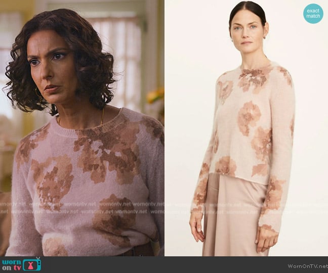 Vince Dahlia Print Mohair In Cherry Blossom Terra Rose worn by Nalini Vishwakumar (Poorna Jagannathan) on Never Have I Ever