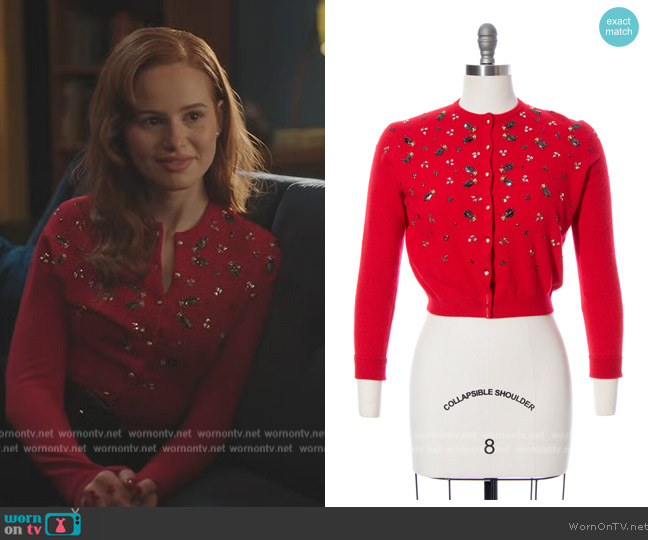  Vintage Fly Novelty Sequin Beaded Red Cashmere Cardigan worn by Cheryl Blossom (Madelaine Petsch) on Riverdale