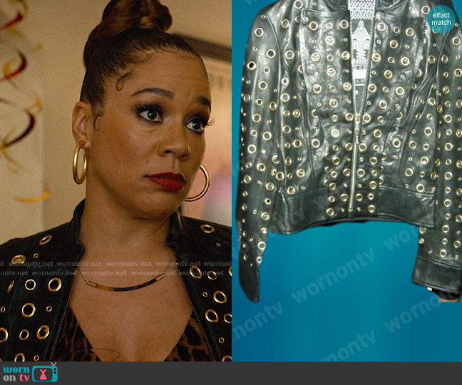 L.A.M.B. Vintage Leather Jacket worn by Carolyn (Aisha Alfa) on Based on a True Story