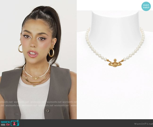 Mini Bas Relief Pearl Choker Necklace by Vivienne Westwood worn by Sistine Stallone on The Family Stallone