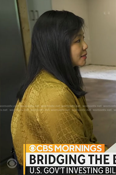 Weijia Jiang's yellow croc print blouse on CBS Mornings