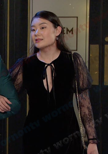 Wendy’s black lace-sleeve velvet dress on Days of our Lives