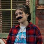 Whinnie’s graphic print tee and red plaid cropped shirt on Bunkd