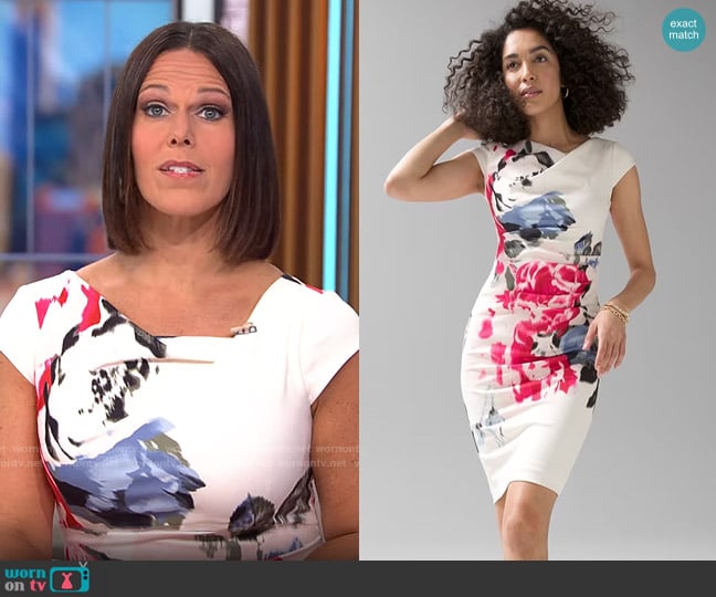 White House Black Market Cap Sleeve Floral Draped Sheath Dress worn by Dana Jacobson on CBS Mornings