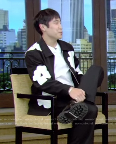 Young Mazino’s black floral print jacket on Live with Kelly and Mark