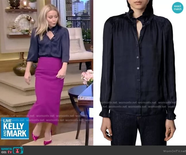 Zadig and Voltaire Tacca Satin Ruffle Button-Up Blouse worn by Kelly Ripa on Live with Kelly and Mark