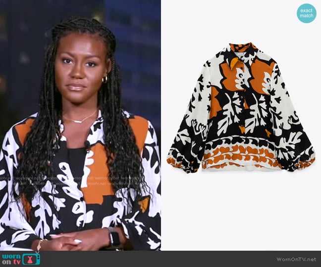 Zara Printed Voluminous Sleeve Blouse worn by Janai Norman on Good Morning America