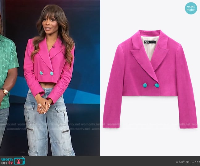 Linen Blend Double Breasted Cropped Blazer by Zara worn by Zuri Hall on Access Hollywood