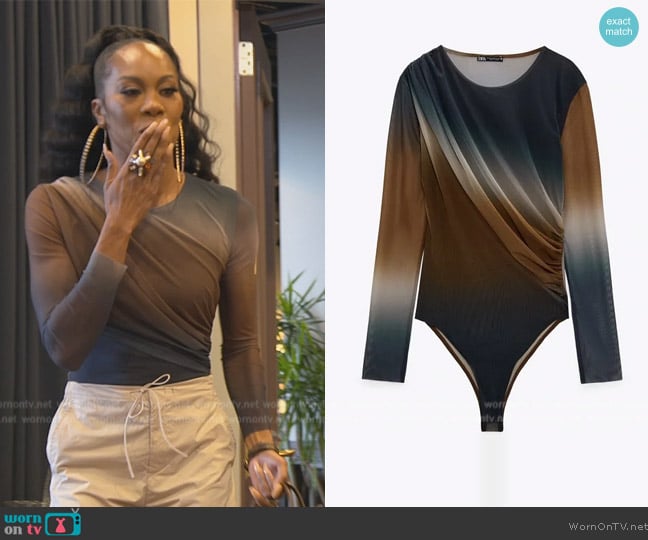 Zara Printed Tulle Bodysuit worn by Sanya Richards-Ross on The Real Housewives of Atlanta