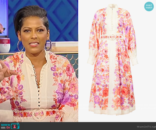 Zimmermann Raie floral-print belted linen midi dress worn by Tamron Hall on Tamron Hall Show