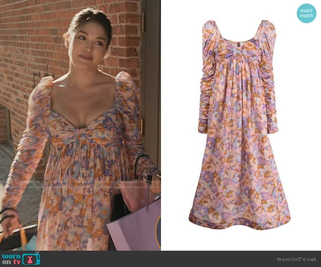 Zimmermann Violet Gathered Floral-Print Maxi Dress worn by Drea Mikami (Ellen Tamaki) on Manifest