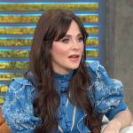 Zooey Deschanel’s blue floral print ruffle dress on Access Hollywood