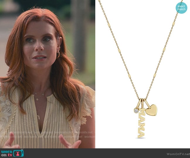 Zoe Chicco 14k Mama Charm Necklace with Heart and Diamond worn by Maddie Townsend (JoAnna Garcia Swisher) on Sweet Magnolias