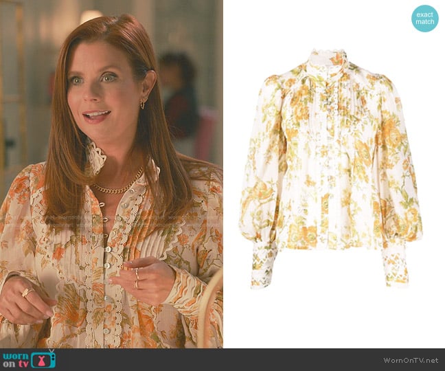 Alemais Floral-Print Blouse in Neutrals worn by Maddie Townsend (JoAnna Garcia Swisher) on Sweet Magnolias