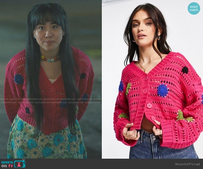 Asos V Neck Cardi with Floral Crochet Detail in pink worn by Lily (Artemis) on Sweet Magnolias