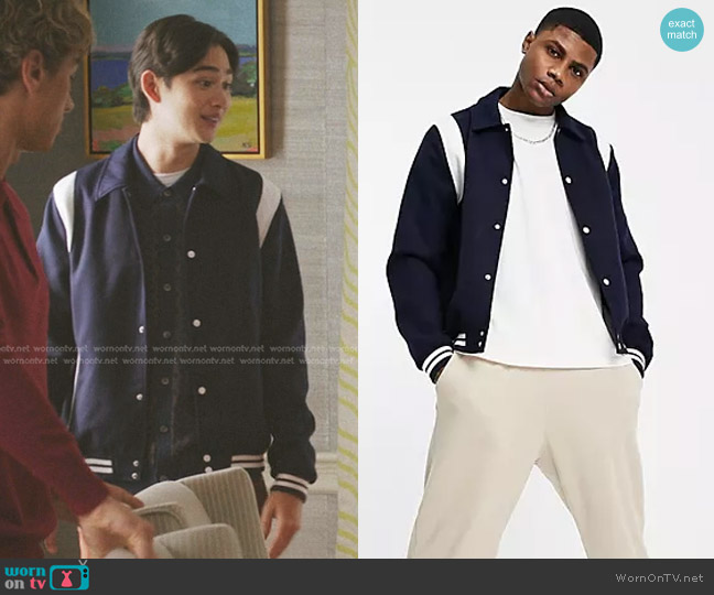 Asos Varsity Bomber Jacket in navy with contrast white inserts worn by Steven (Sean Kaufman) on The Summer I Turned Pretty