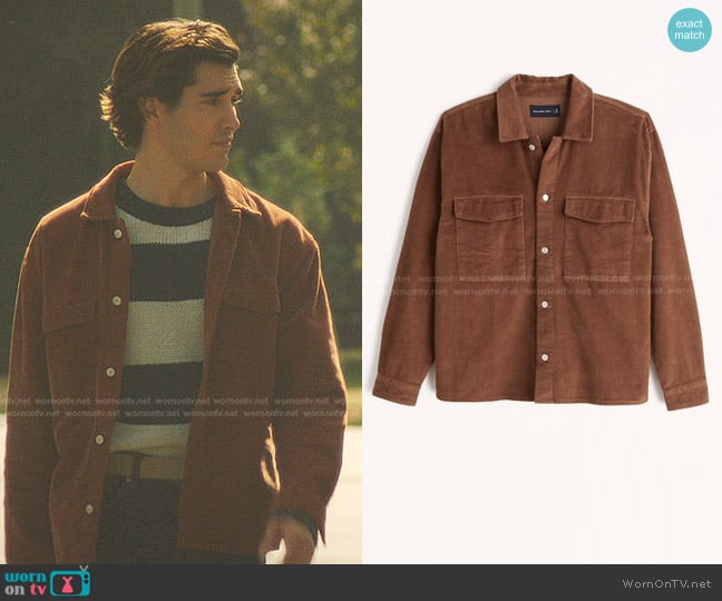 Abercrombie & Fitch Relaxed Corduroy Shirt Jacket in Brown worn by Tristan Glass (Henrique Zaga) on Nancy Drew