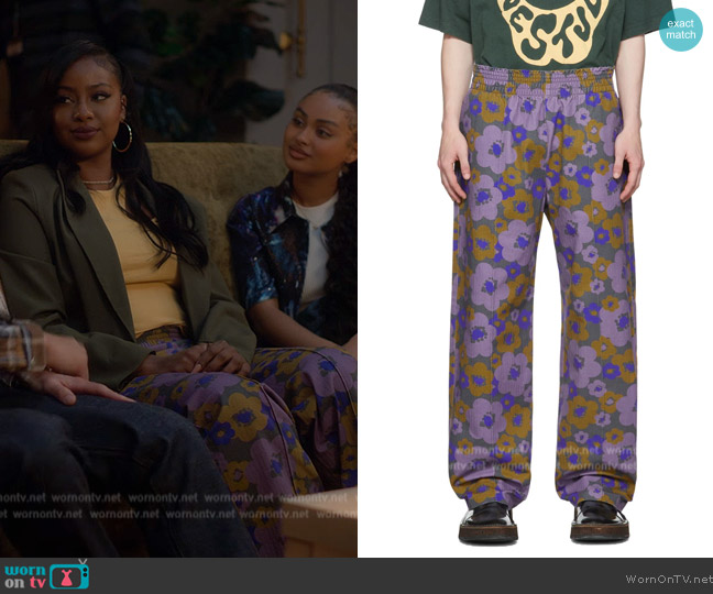  Purple Floral Print Trousers Acne Studios worn by Annika (Justine Skye) on Grown-ish