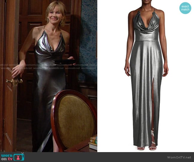 Aidan by Aidan Mattox Draped Foil Halter Gown worn by Kristen DiMera (Stacy Haiduk) on Days of our Lives