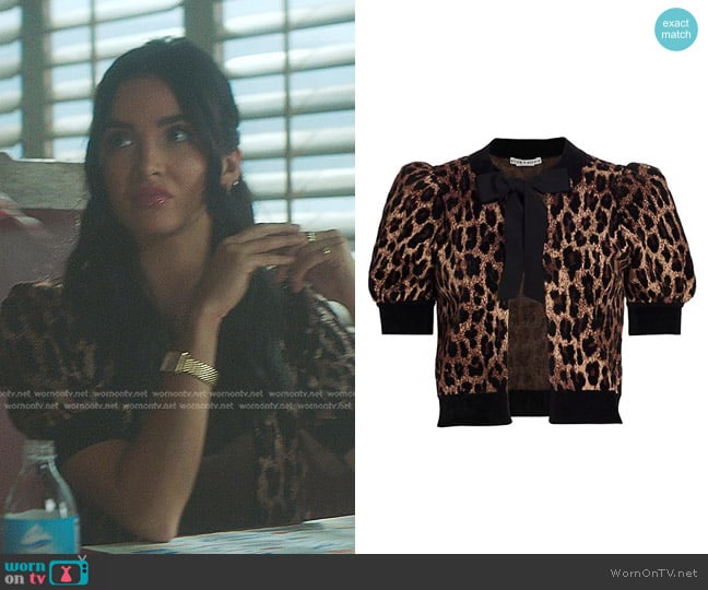 Alice + Olivia Kitty Leopard Puff-Sleeve Cardigan worn by Bess (Maddison Jaizani) on Nancy Drew