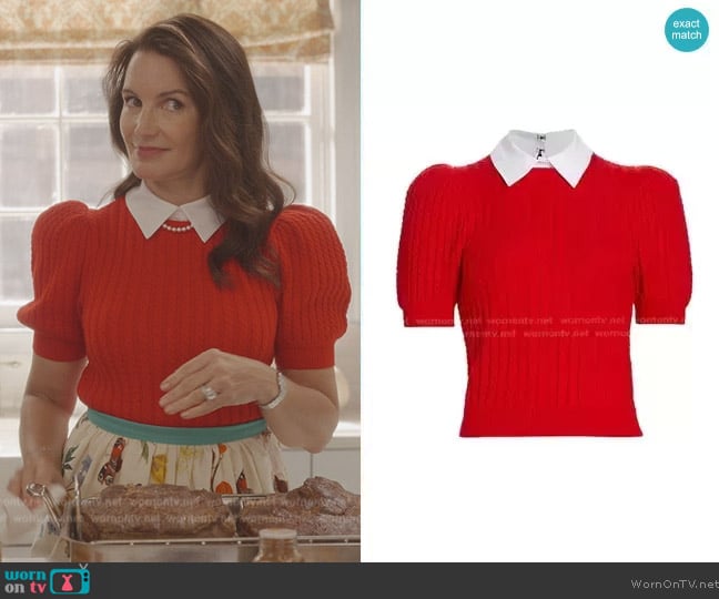 Alice + Olivia Chase Cable-Knit Puff-Sleeve Sweater in Perfect Ruby White worn by Charlotte York (Kristin Davis) on And Just Like That