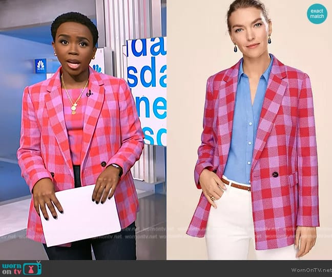 Ann Taylor The Double Breasted Long Blazer in Plaid worn by Zinhle Essamuah on NBC News Daily