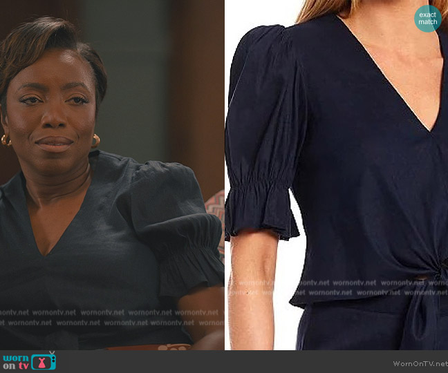 Antonio Melanii Bethany Tie Front V-Neck Puff Sleeve Stretch Linen Top worn by Helen Decatur (Heather Headley) on Sweet Magnolias