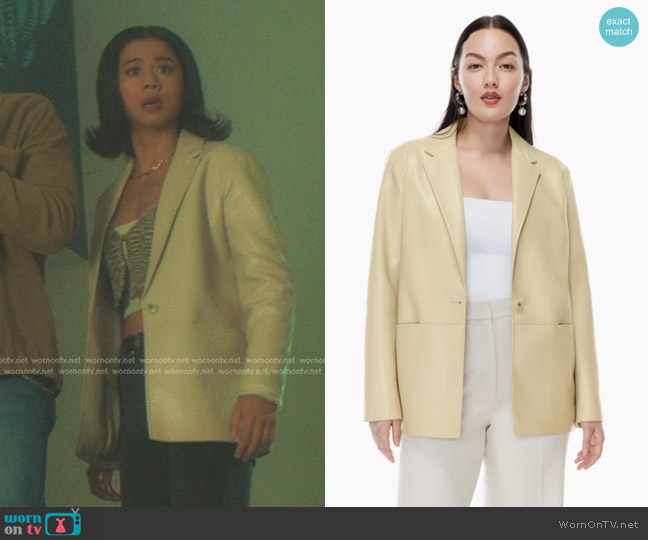 George’s cream leather blazer on Nancy Drew