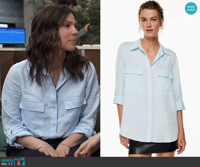 Babaton at Aritzia Utility Shirt in Classic Light Blue worn by Kristina Corinthos-Davis (Kate Mansi) on General Hospital