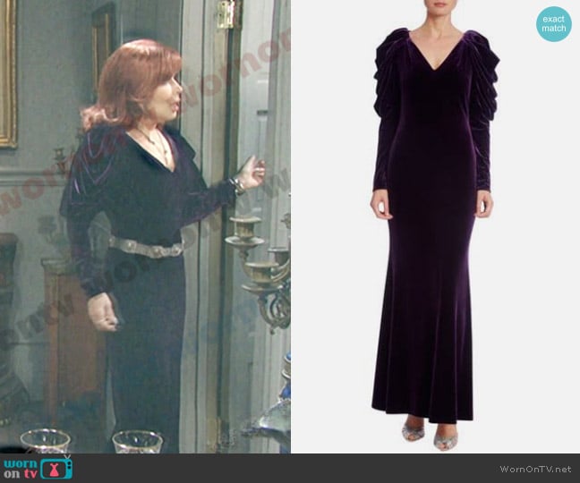 Badgley Mischka Velvet Gown with Dramatic Sleeves in Purple worn by Lorna (Lauren Koslow) on Days of our Lives