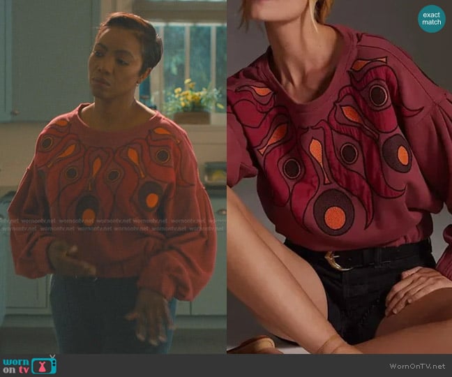 Anthropologie Puff Sleeve Embroidered Sweatshirt worn by Helen Decatur (Heather Headley) on Sweet Magnolias