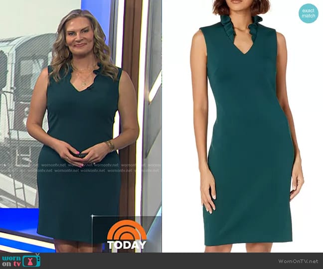 Calvin Klein Ruffle V Neck Sleeveless Scuba Sheath Dress in Green Forest worn by Emily West on Today