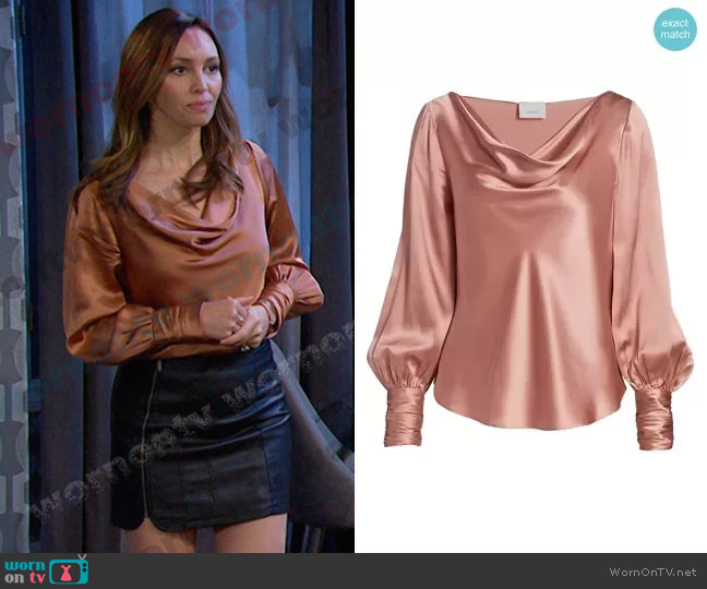 Cinq a Sept Taylee Cowlneck Silk Blouse worn by Gwen Rizczech (Emily O'Brien) on Days of our Lives