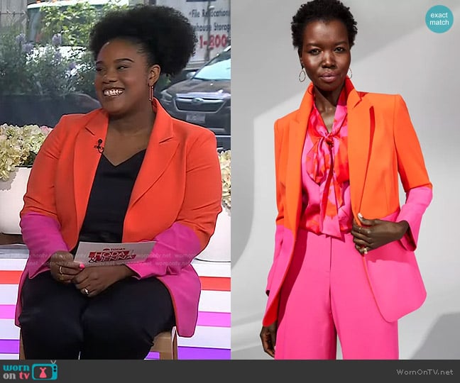 Tahari ASL Colorblocked Boyfriend Blazer in Tomato Hot Pink worn by Rachel Smith on Today