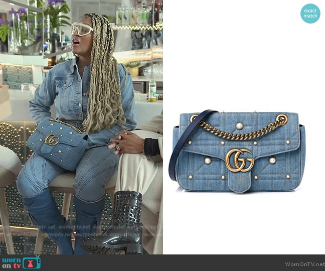 Gucci Denim Matelasse Pearl Studded Small GG Marmont Shoulder Bag worn by Drew Sidora on The Real Housewives of Atlanta