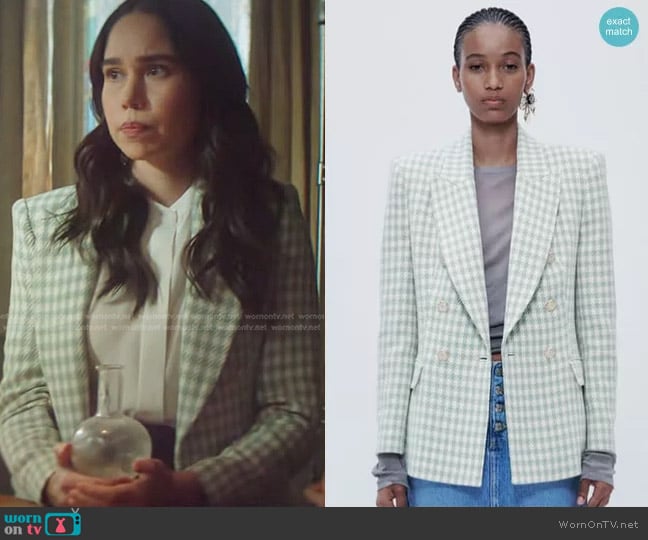 Zara  Double Breasted Houndstooth Blazer in Sea Green worn by Addy (Rachel Colwell) on Nancy Drew