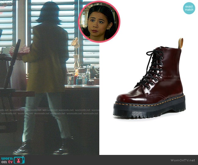 Dr. Martens Jadon Lace-Up Boots in Cherry Red worn by George Fan (Leah Lewis) on Nancy Drew