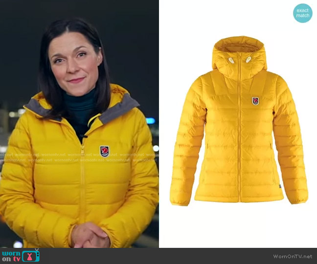 Fjallraven Expedition Pack Down Hoodie in Dandelion worn by Maggie Rulli on Good Morning America