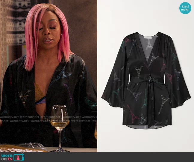 Fleur du Mal Belted printed stretch-silk satin robe worn by Renee Ross (Bresha Webb) on Run the World