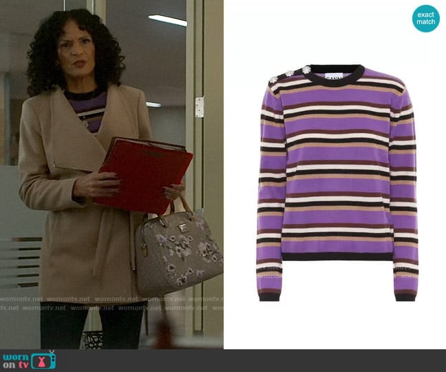 Ganni Embellished striped cashmere sweater worn by Francey (Rosa Arredondo) on So Help Me Todd