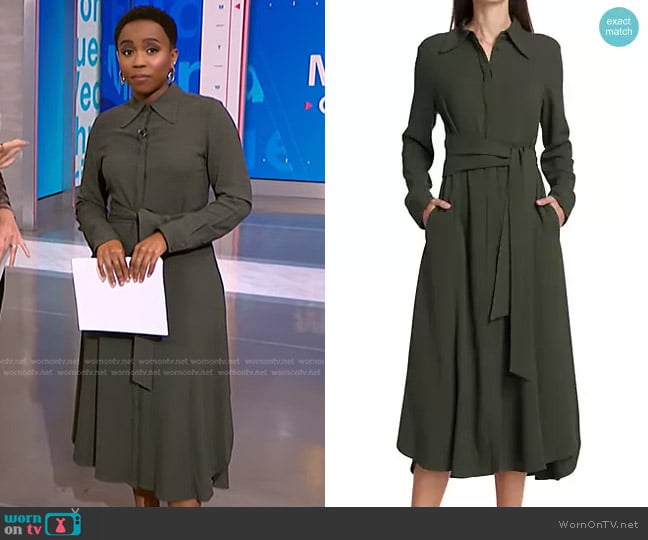 Halston Kori Belted Shirtdress in Forest worn by Zinhle Essamuah on NBC News Daily