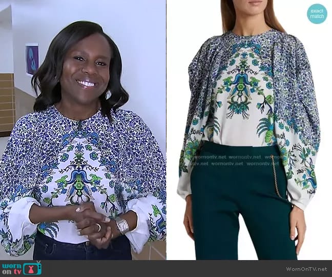 Jacaranda Crepe Puff-Sleeve Blouse by Givenchy worn by Deborah Roberts on Good Morning America